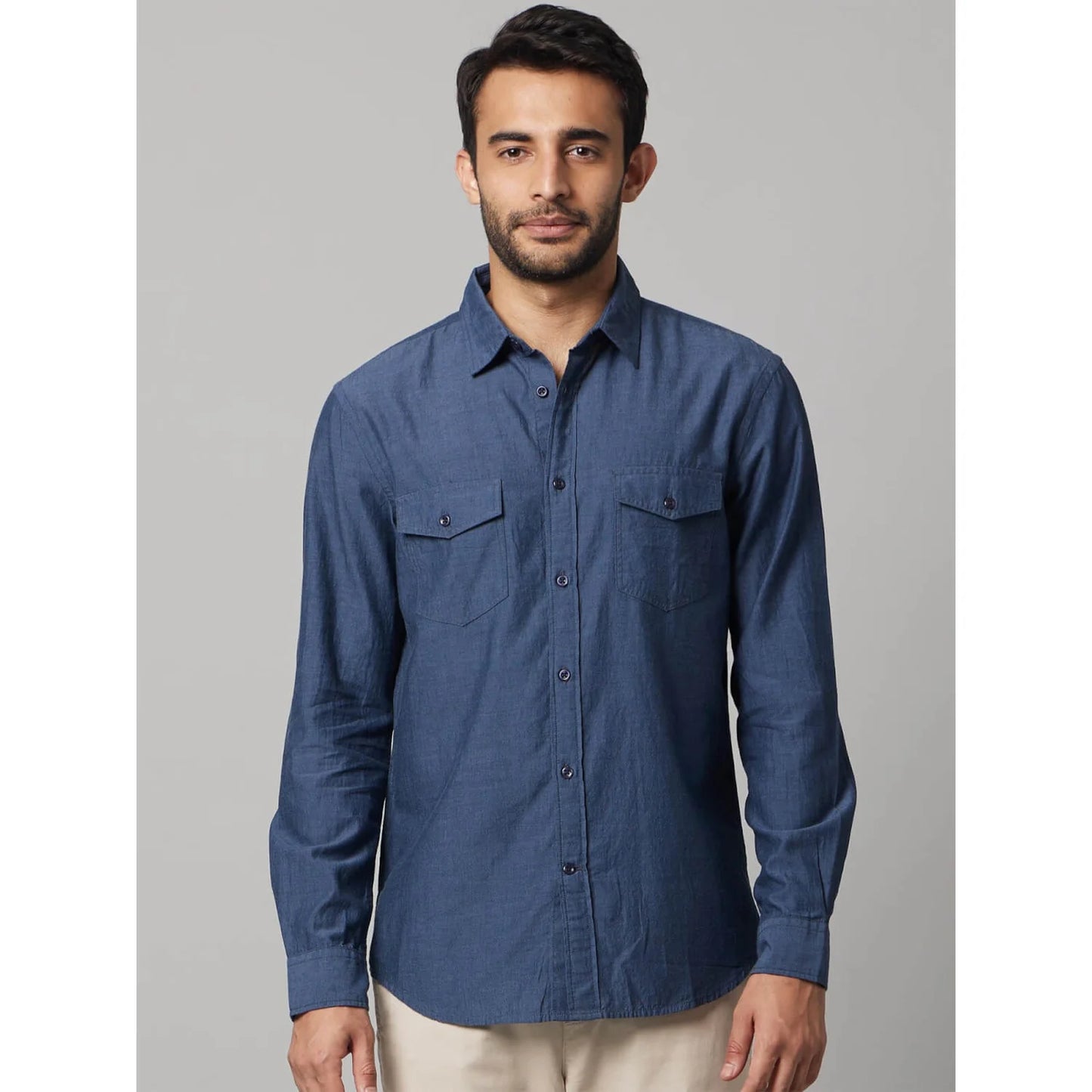 Navy Blue Solid Cotton Shirt