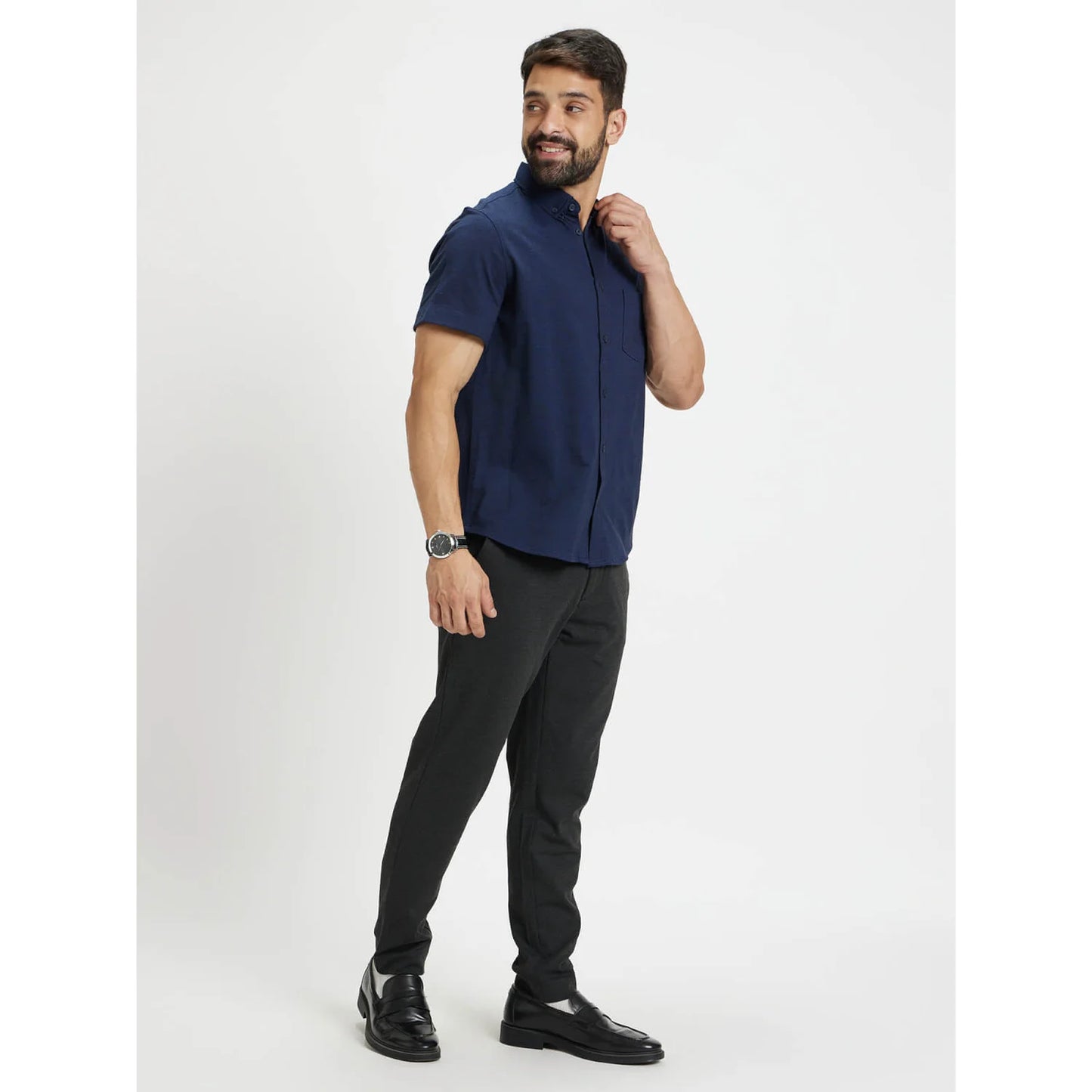 Navy Blue Solid Cotton Shirt