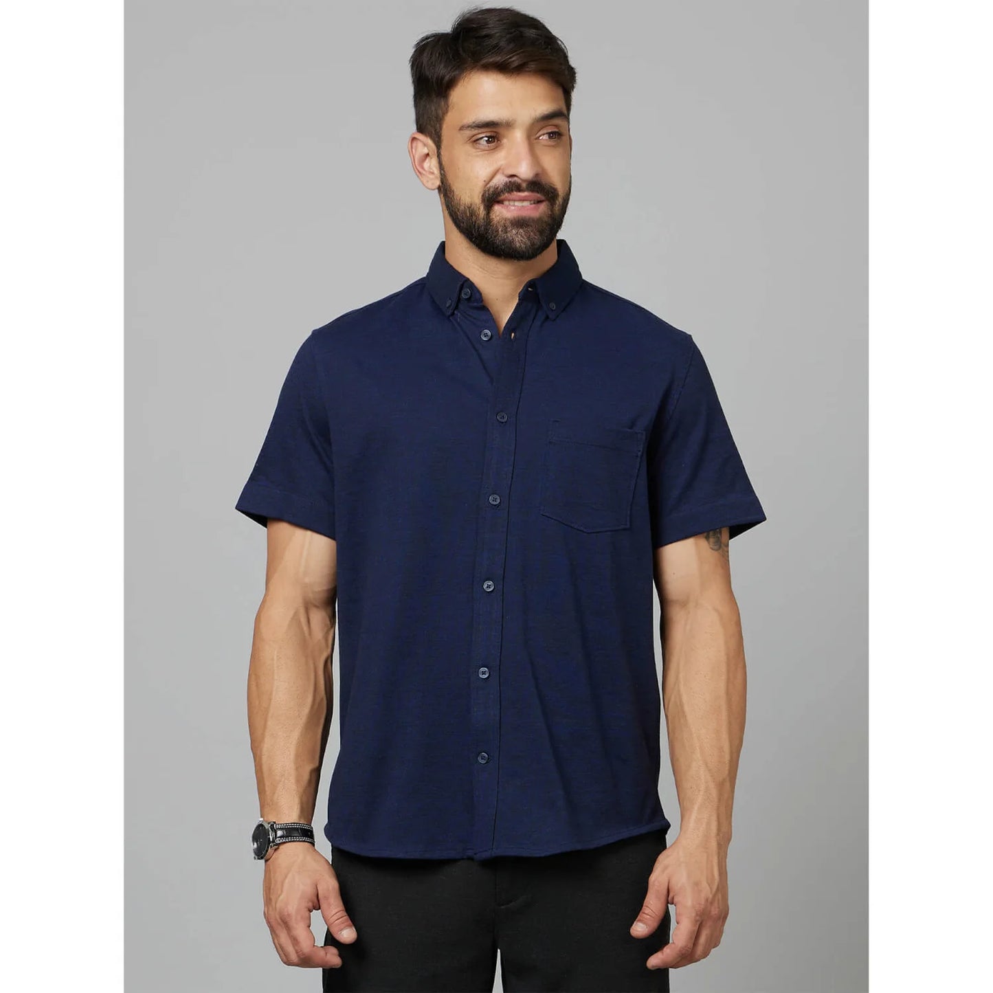 Navy Blue Solid Cotton Shirt