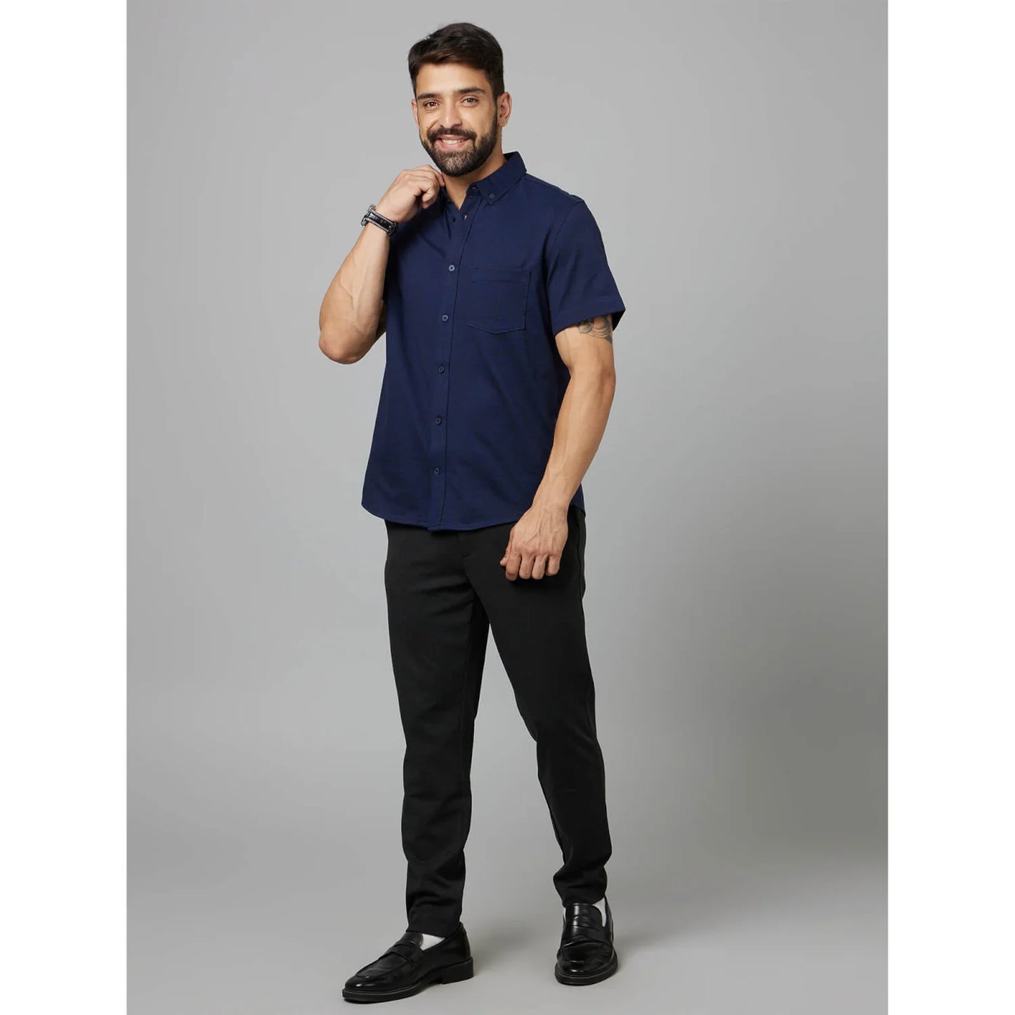 Navy Blue Solid Cotton Shirt