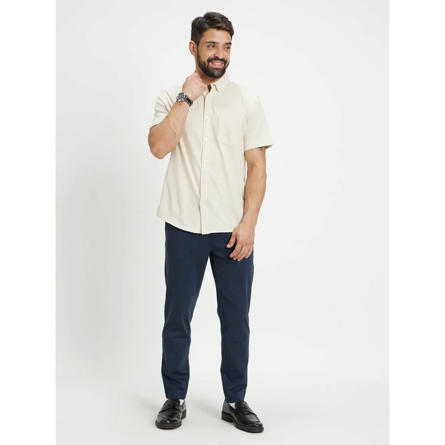 Beige Solid Cotton Shirt