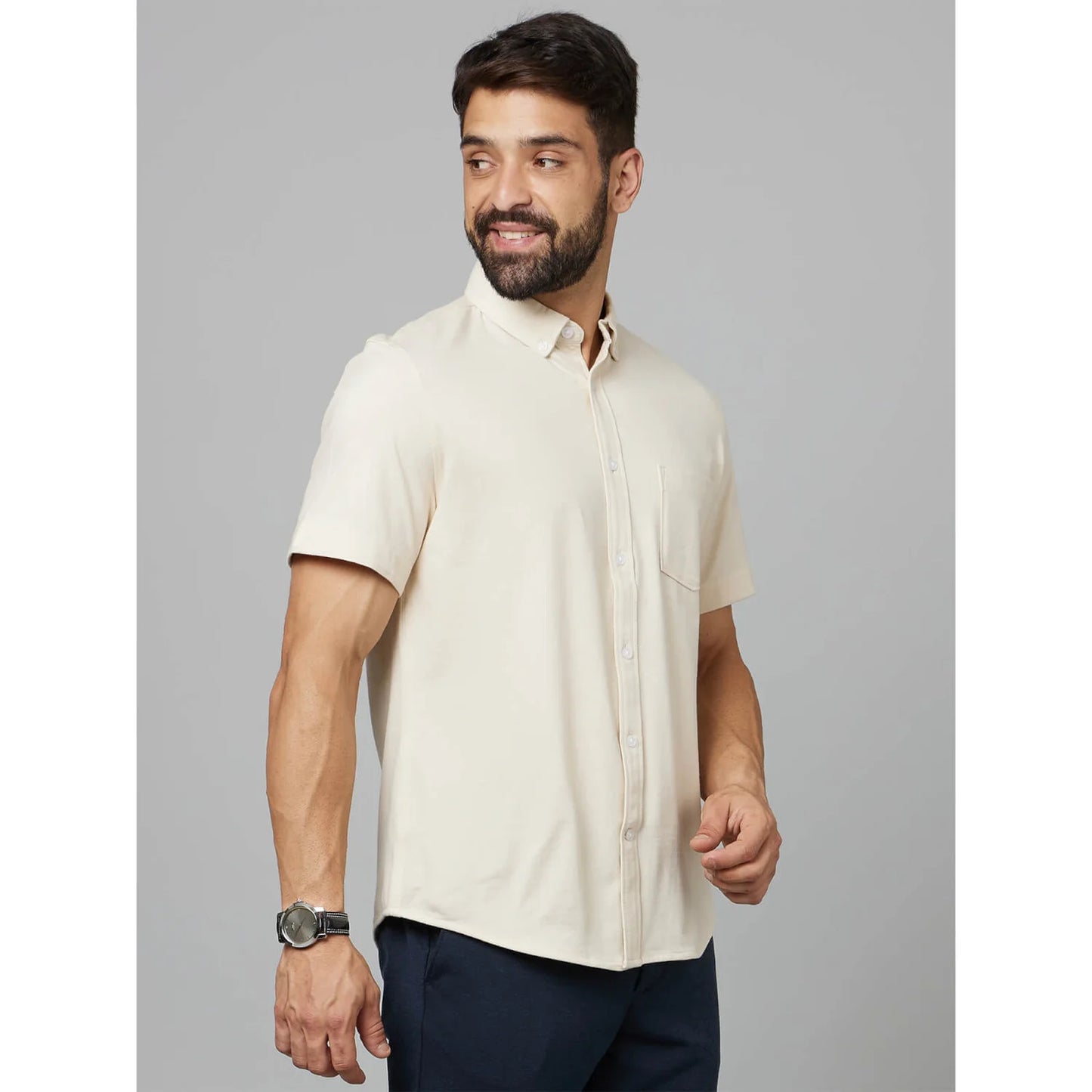 Beige Solid Cotton Shirt