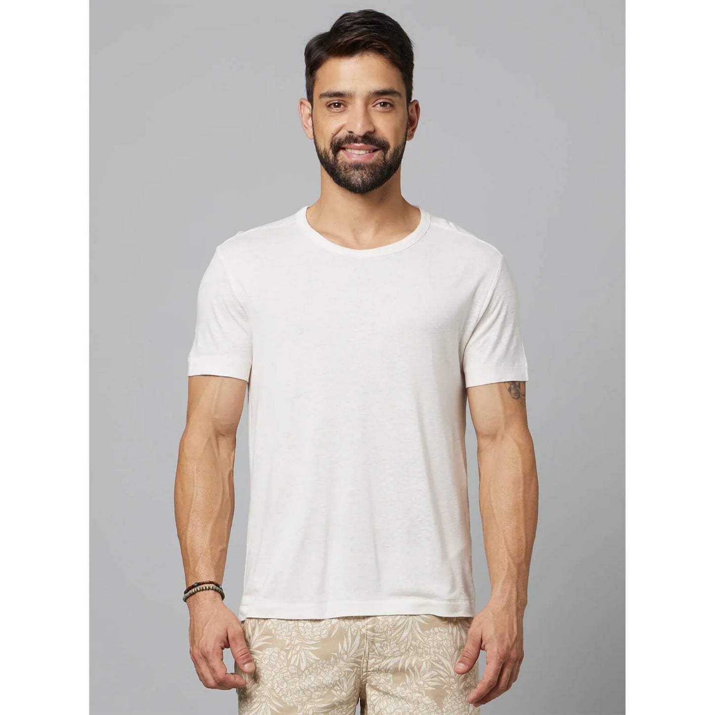 Off White Solid Linen-Blend T-shirt