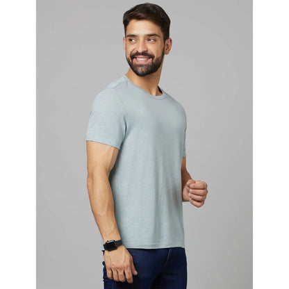 Blue Solid Linen-Blend T-shirt