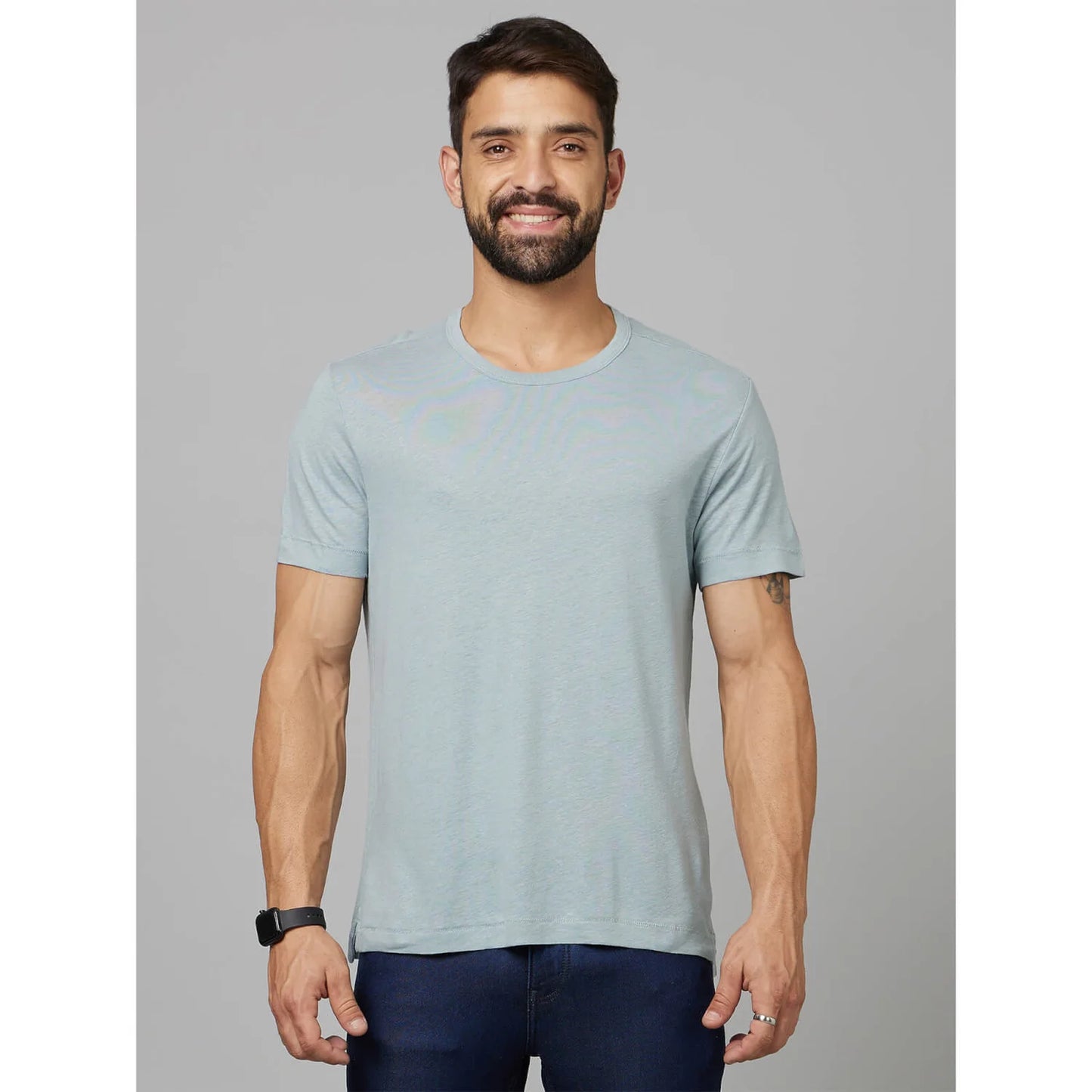 Blue Solid Linen-Blend T-shirt