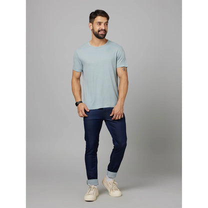 Blue Solid Linen-Blend T-shirt