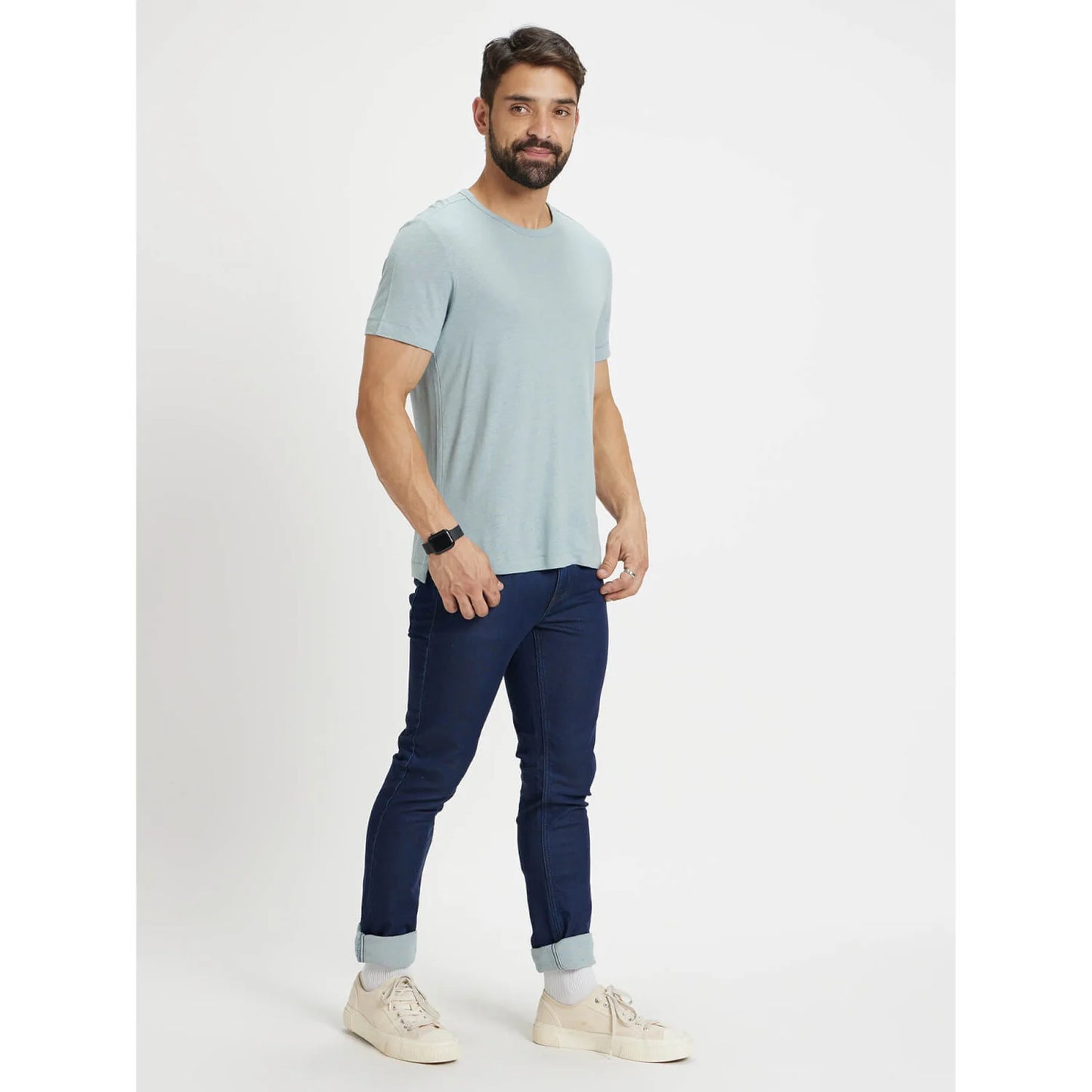 Blue Solid Linen-Blend T-shirt