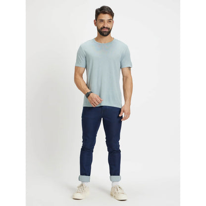 Blue Solid Linen-Blend T-shirt