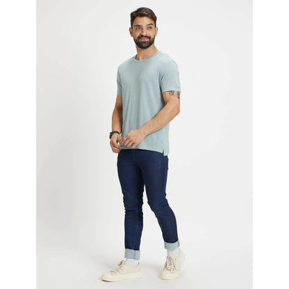 Blue Solid Linen-Blend T-shirt