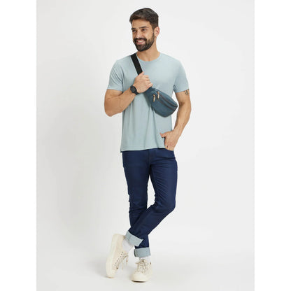 Blue Solid Linen-Blend T-shirt