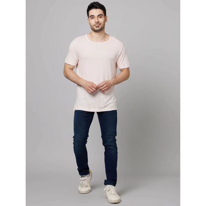 Beige Solid Linen-Blend T-shirt