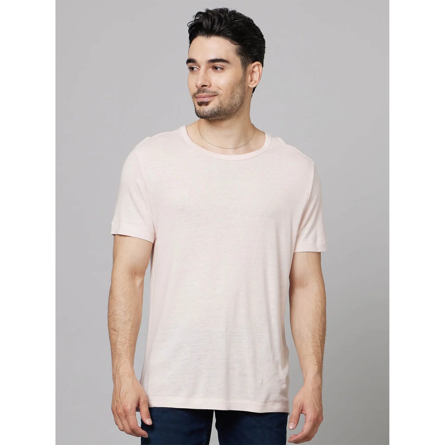 Beige Solid Linen-Blend T-shirt