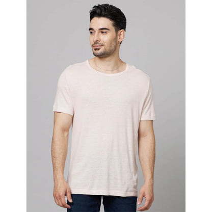 Beige Solid Linen-Blend T-shirt