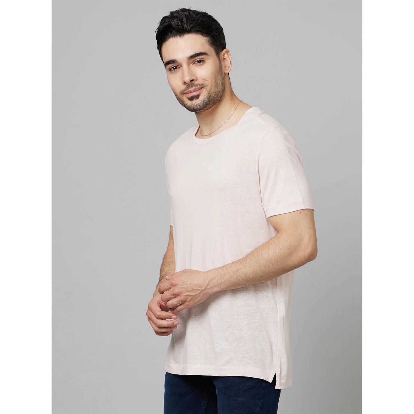 Beige Solid Linen-Blend T-shirt