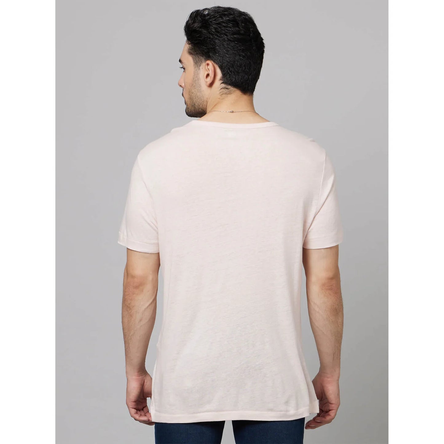 Beige Solid Linen-Blend T-shirt