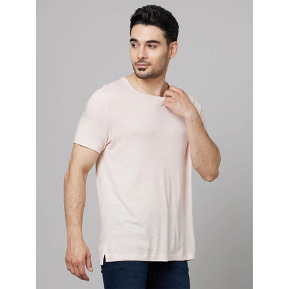 Beige Solid Linen-Blend T-shirt