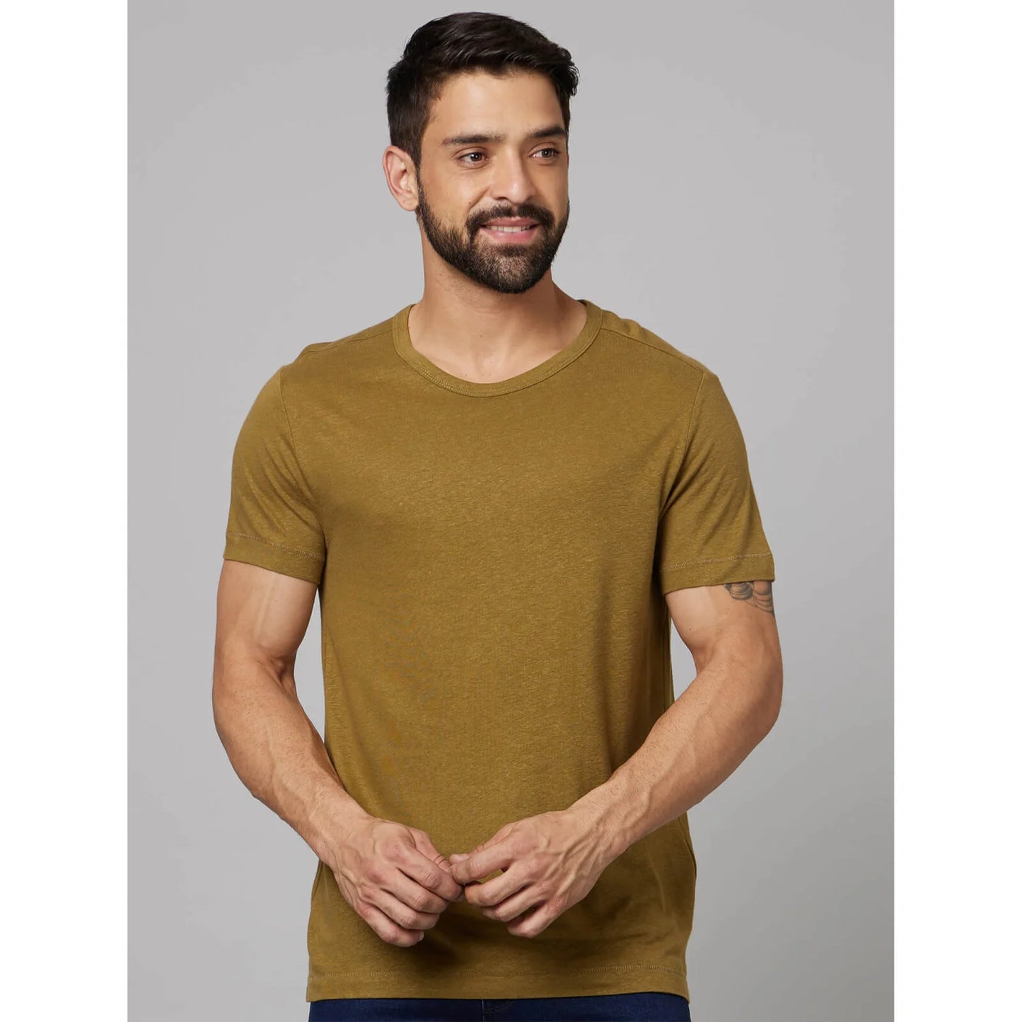 Khaki Solid Linen-Blend T-shirt