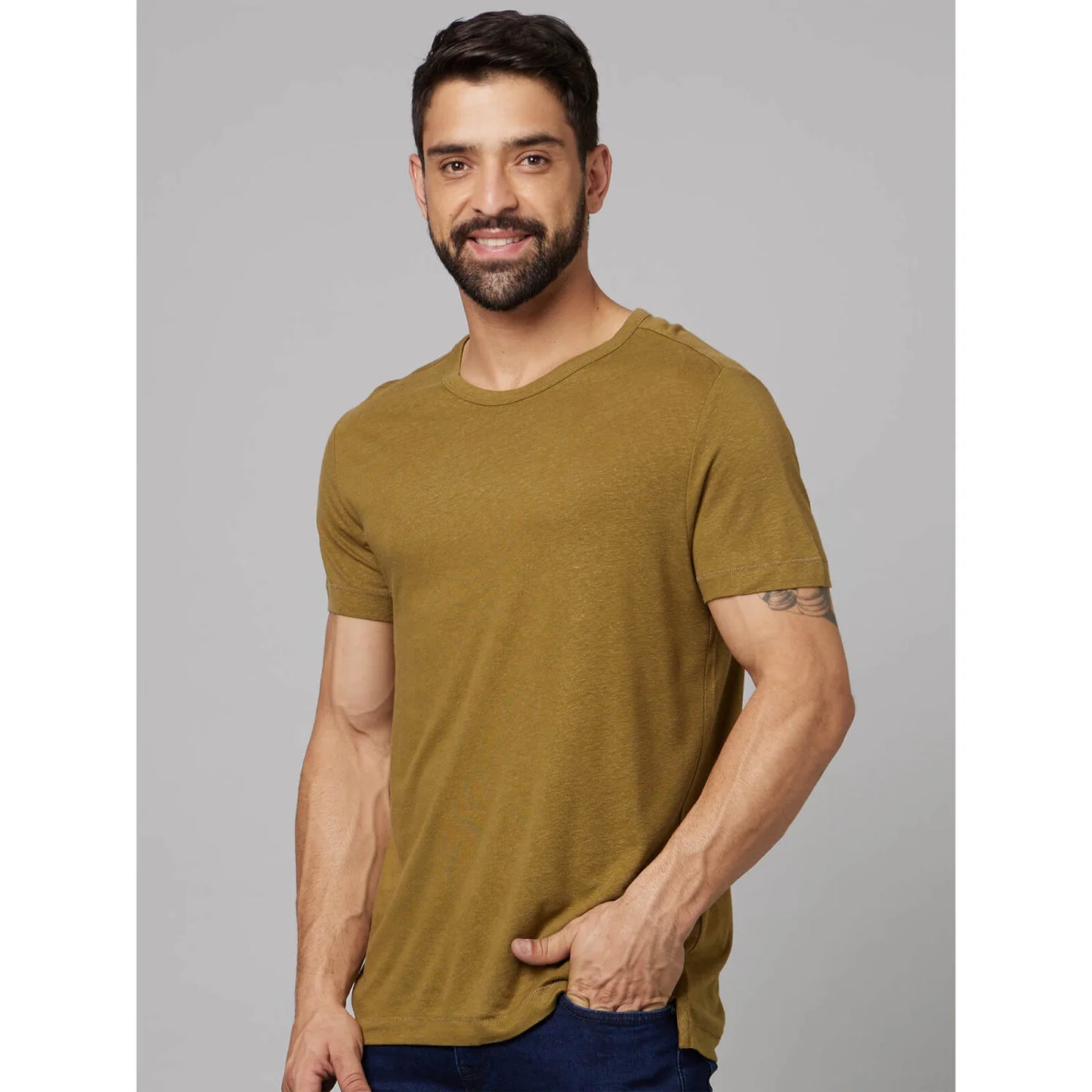 Khaki Solid Linen-Blend T-shirt