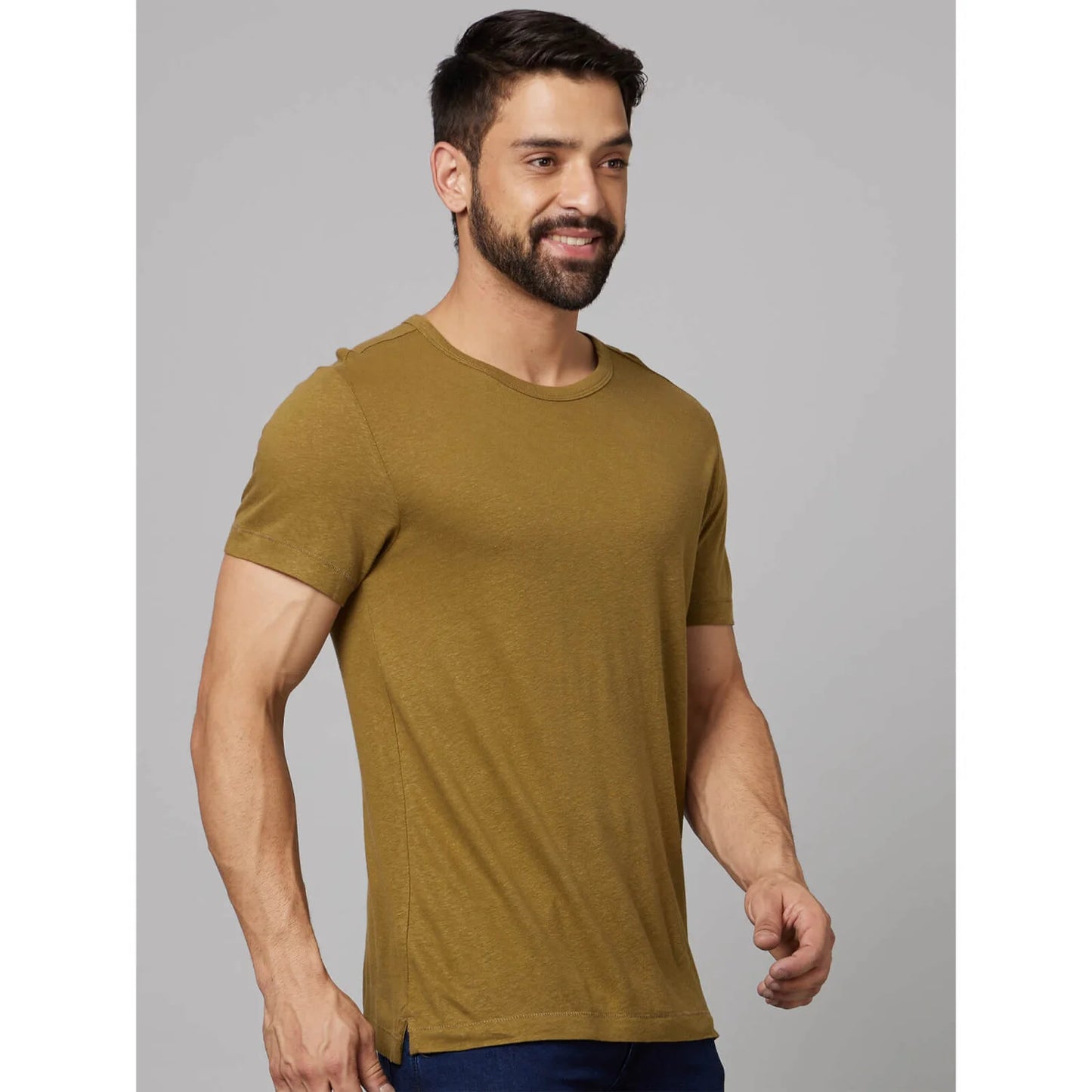 Khaki Solid Linen-Blend T-shirt