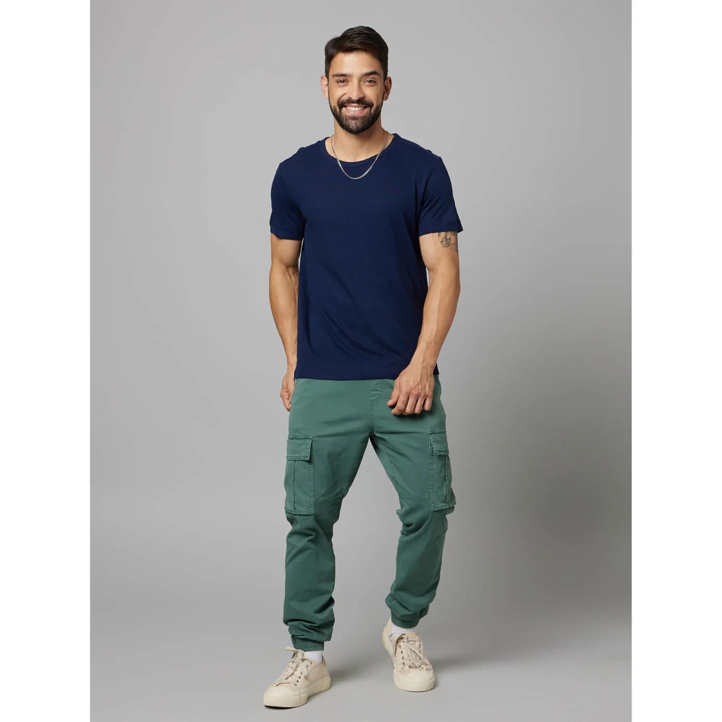 Navy Blue Solid Linen-Blend T-shirt