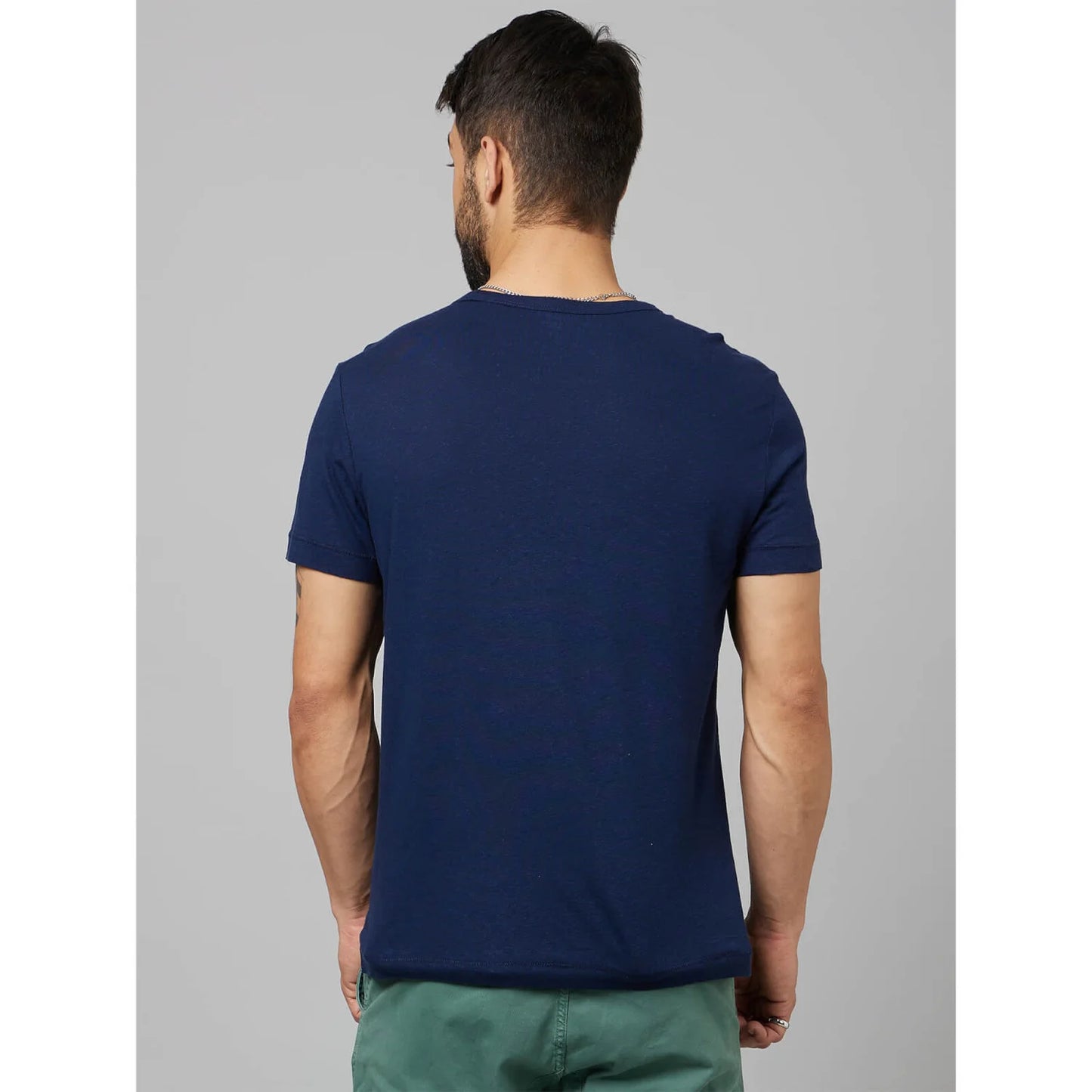 Navy Blue Solid Linen-Blend T-shirt