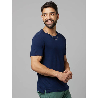 Navy Blue Solid Linen-Blend T-shirt