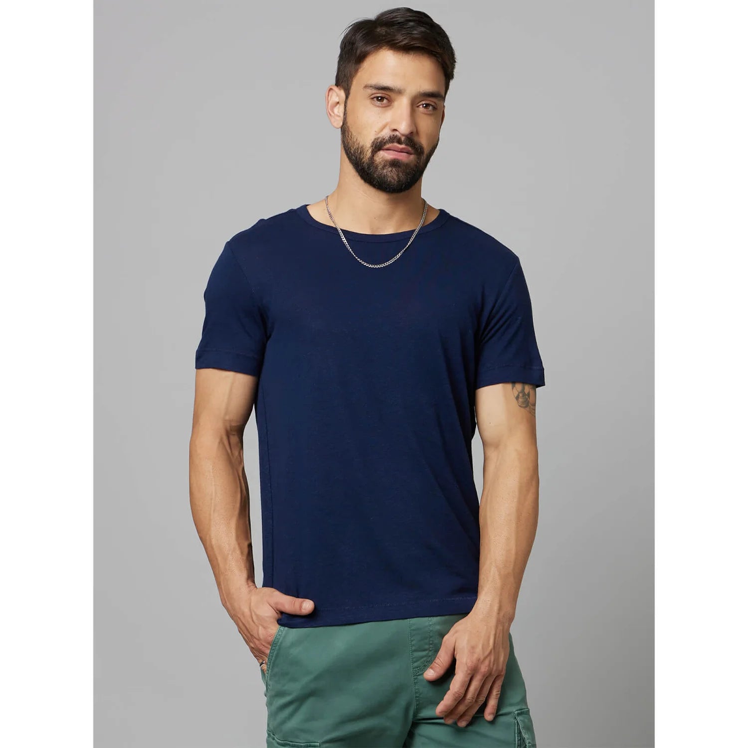 Navy Blue Solid Linen-Blend T-shirt