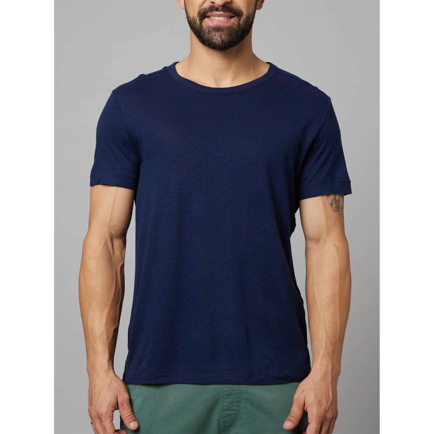 Navy Blue Solid Linen-Blend T-shirt