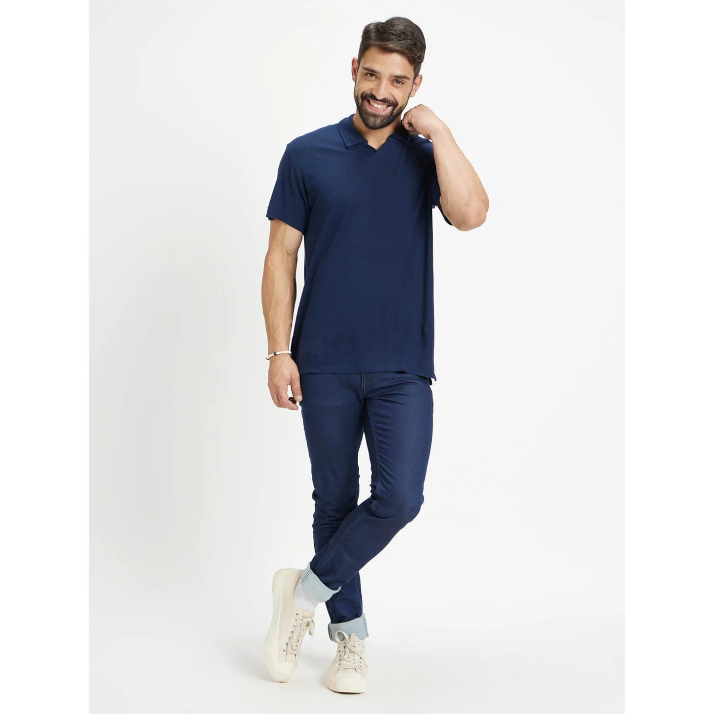 Navy Blue Solid Linen-Blend Polo