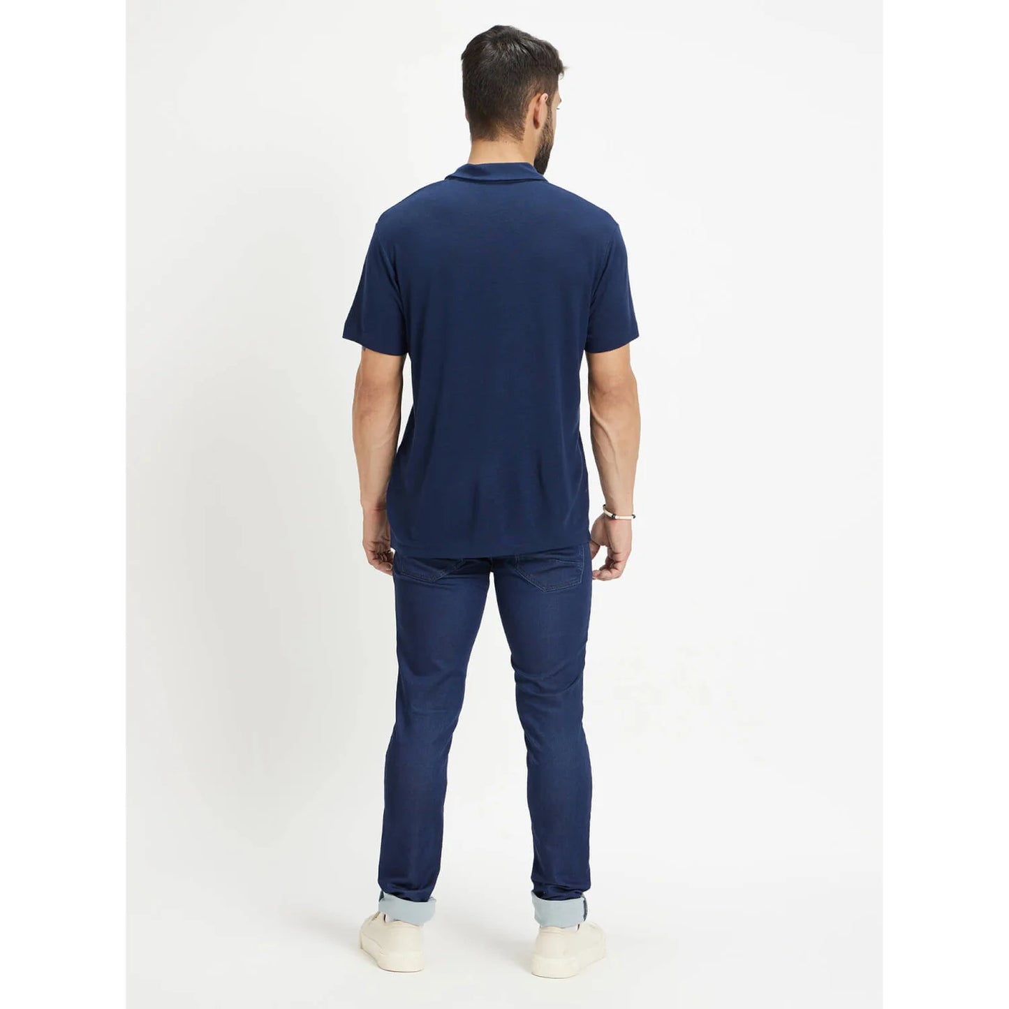 Navy Blue Solid Linen-Blend Polo