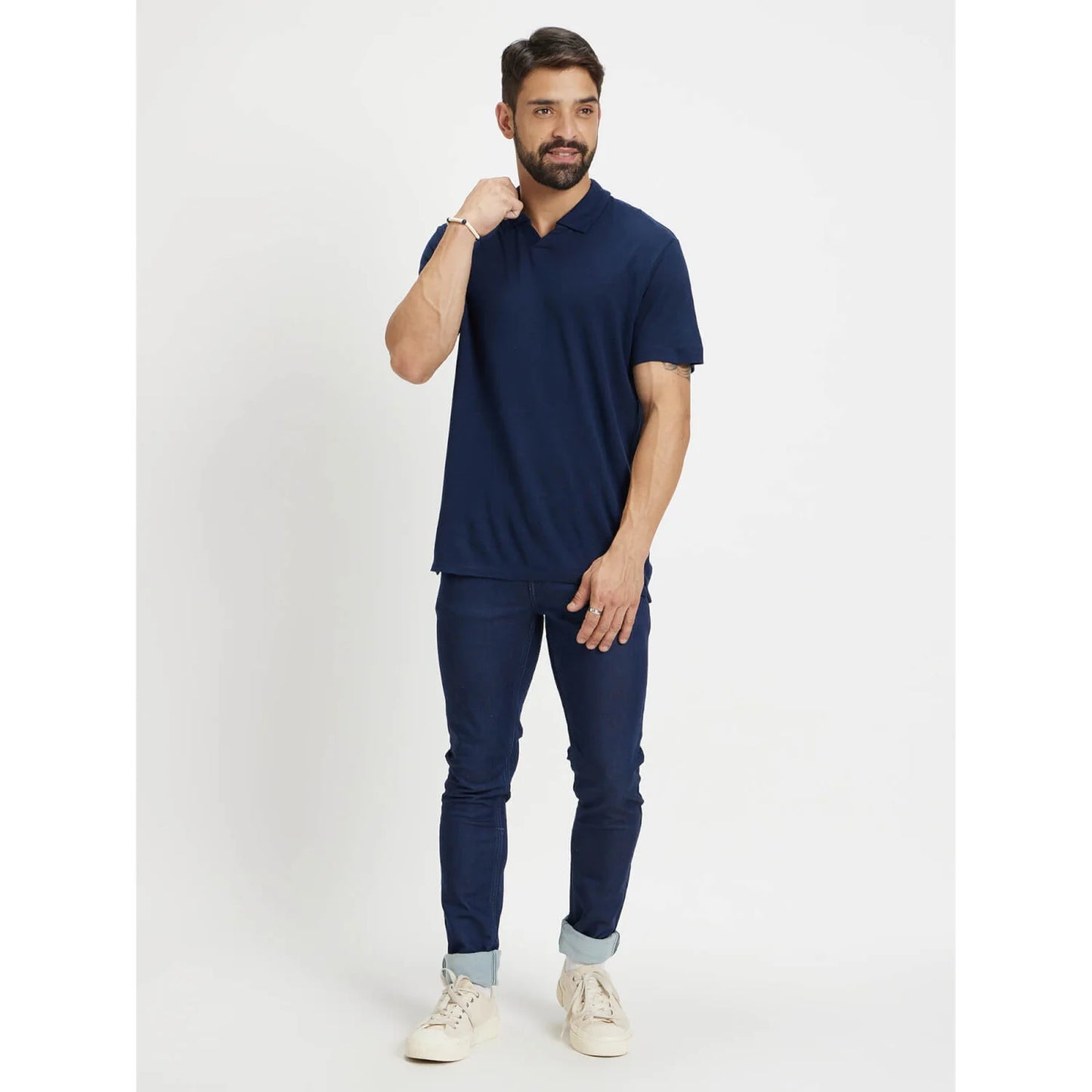 Navy Blue Solid Linen-Blend Polo