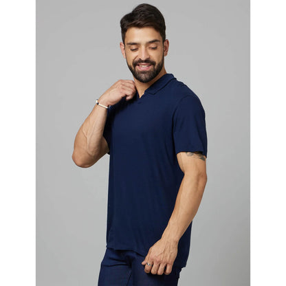 Navy Blue Solid Linen-Blend Polo