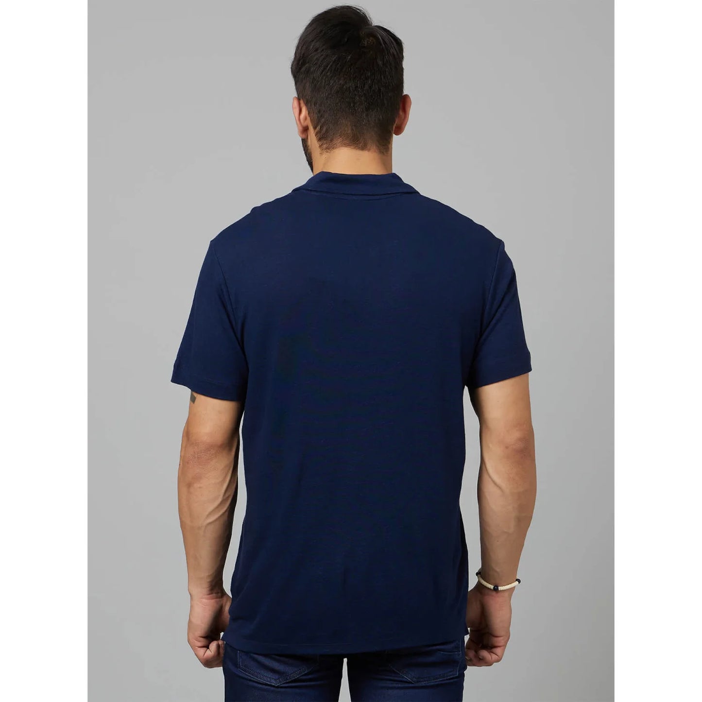 Navy Blue Solid Linen-Blend Polo