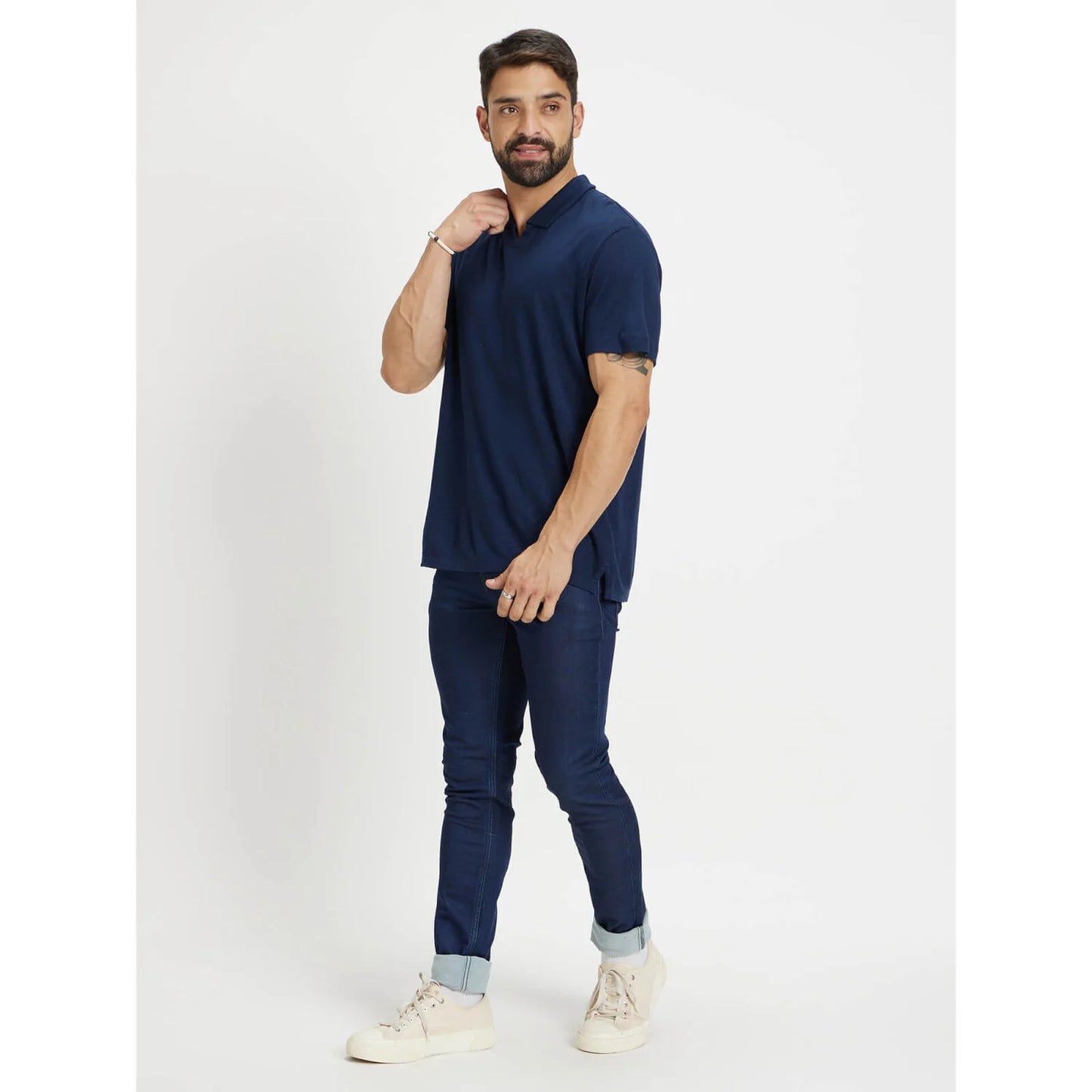 Navy Blue Solid Linen-Blend Polo