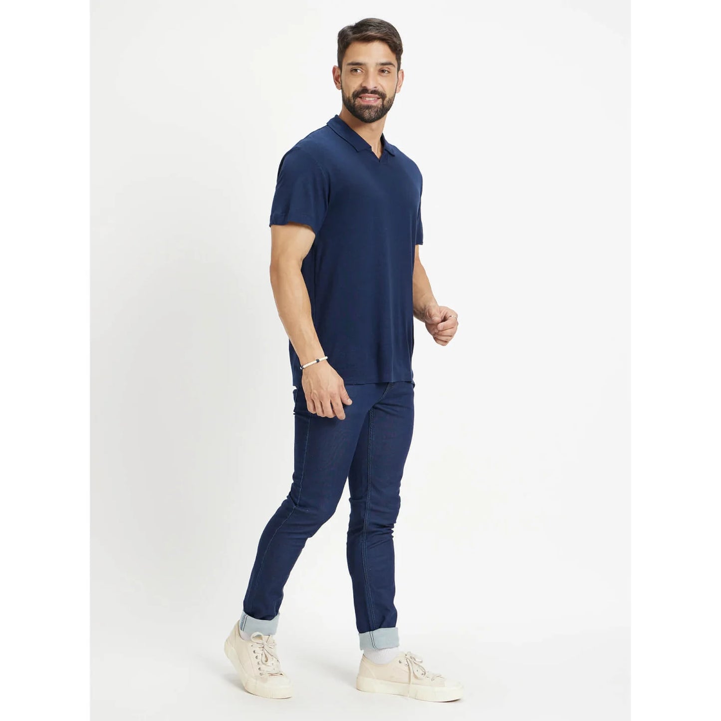 Navy Blue Solid Linen-Blend Polo