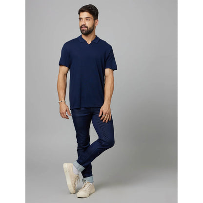 Navy Blue Solid Linen-Blend Polo