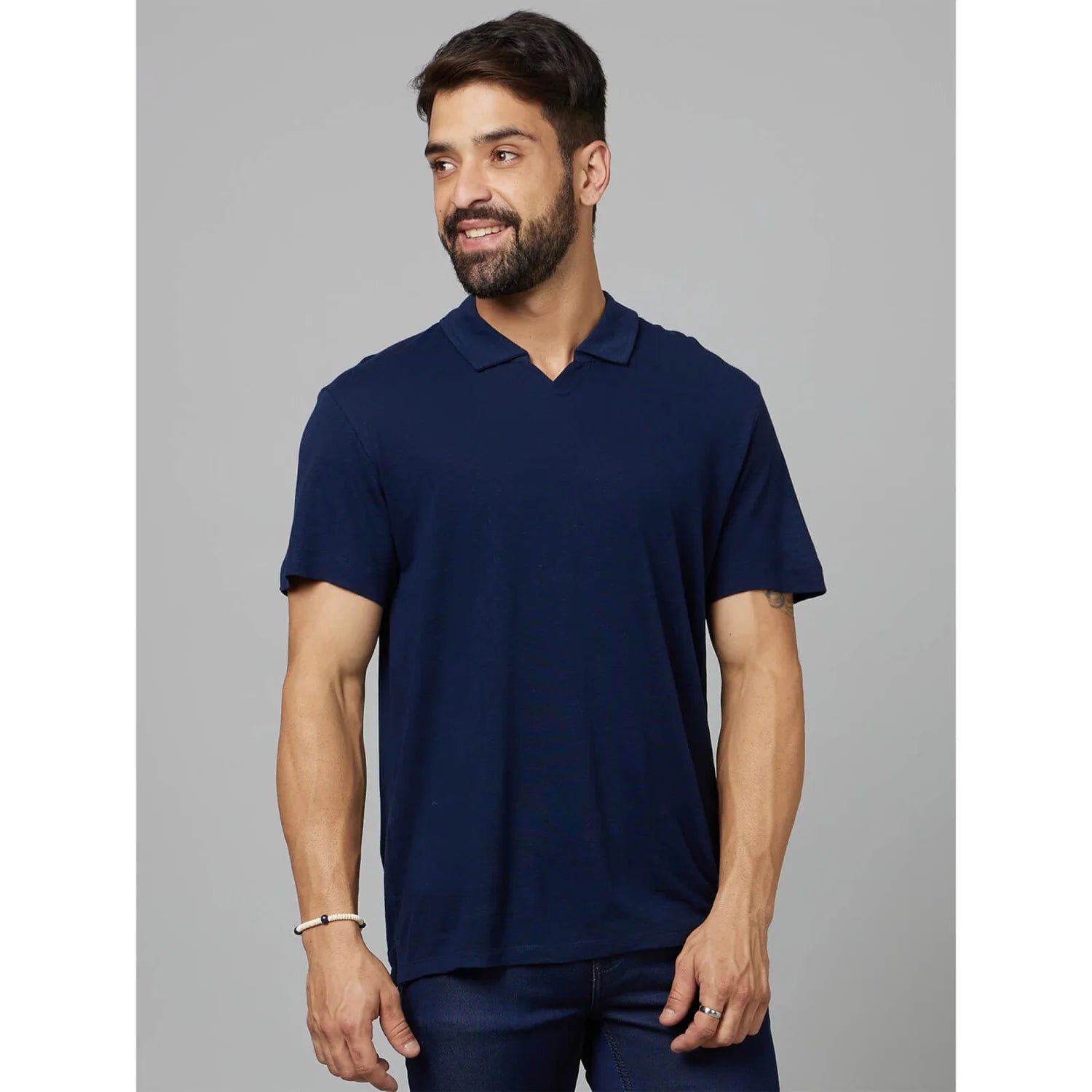 Navy Blue Solid Linen-Blend Polo