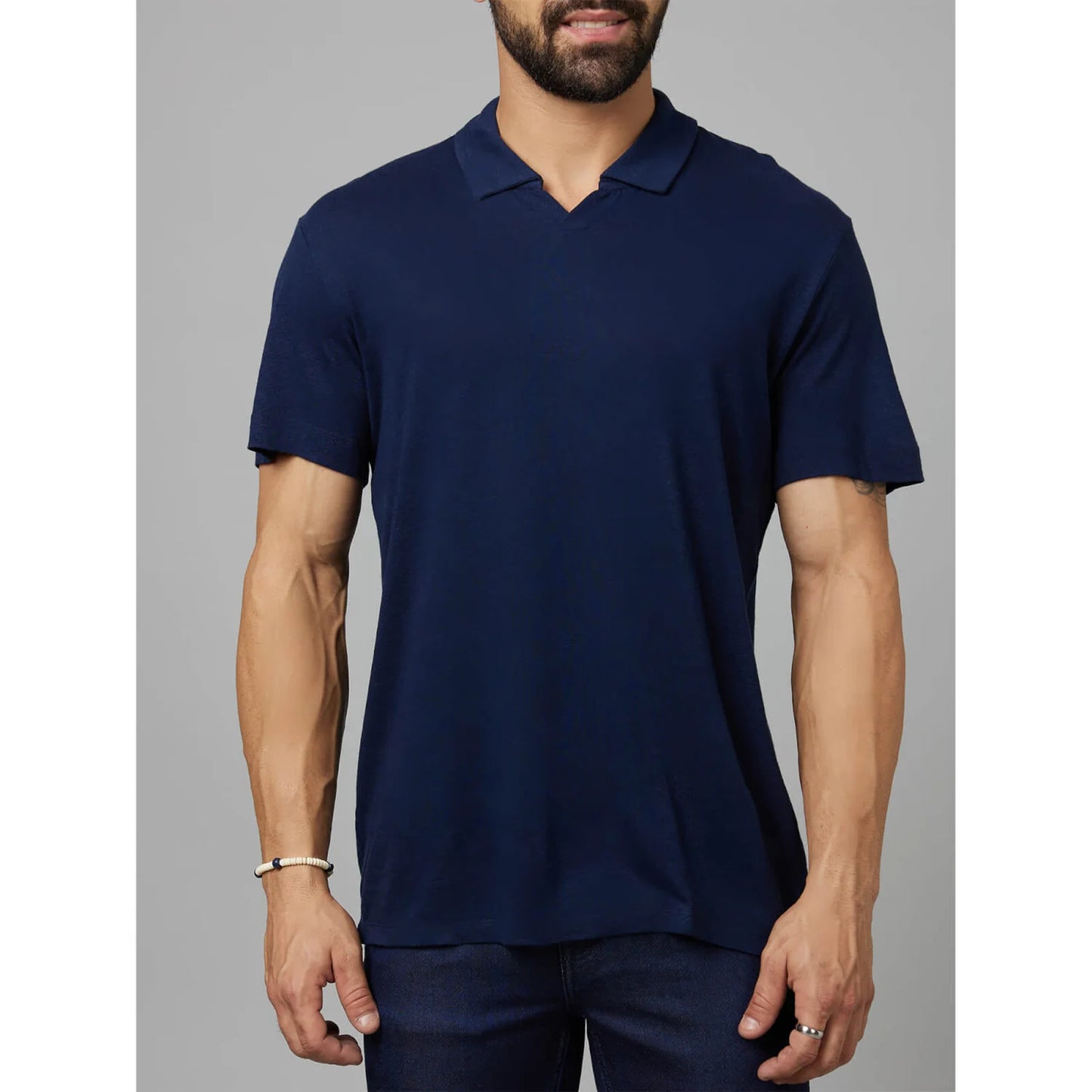 Navy Blue Solid Linen-Blend Polo