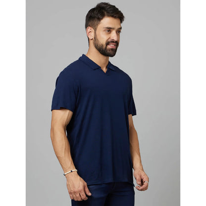 Navy Blue Solid Linen-Blend Polo