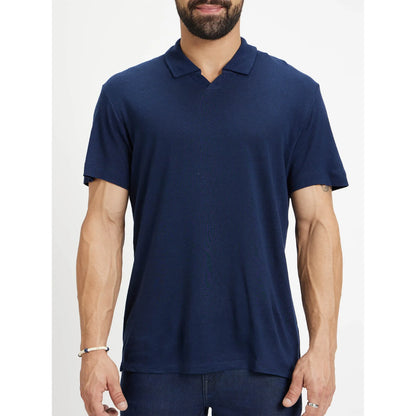 Navy Blue Solid Linen-Blend Polo