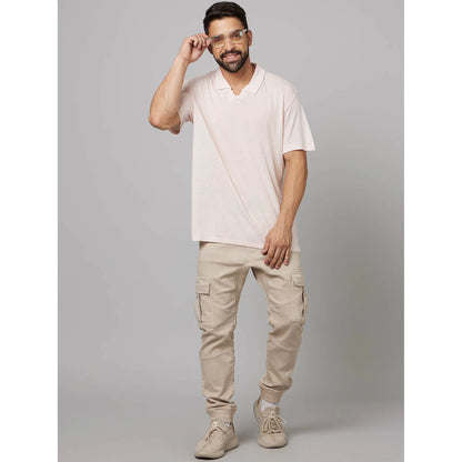 Beige Solid Cotton Polo