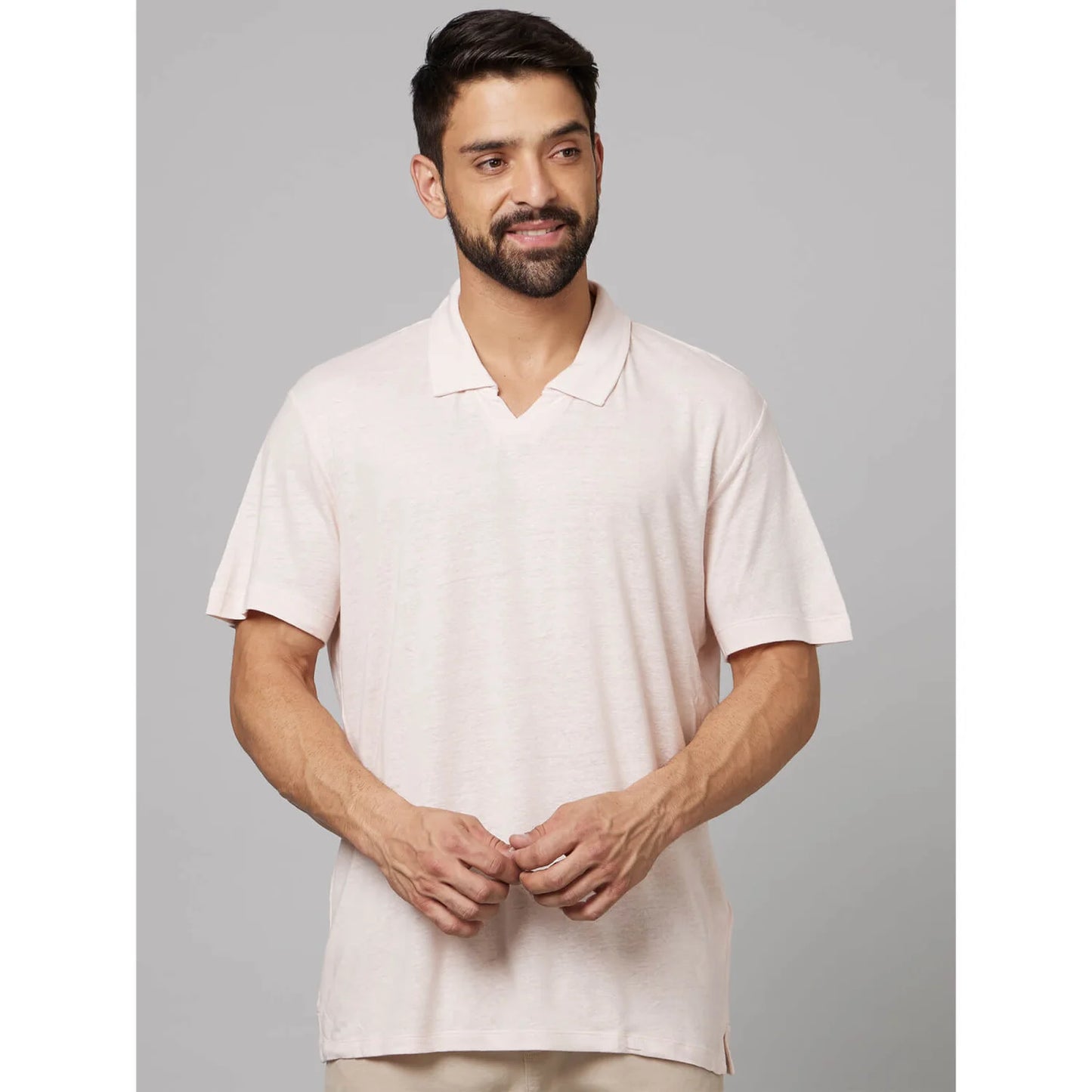 Beige Solid Cotton Polo