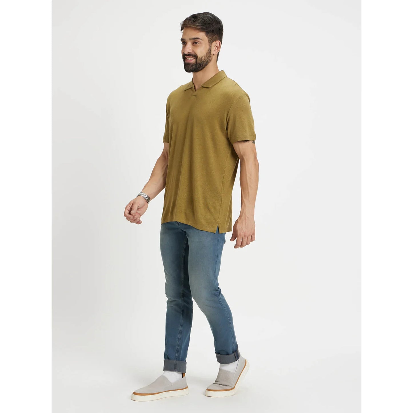 Khaki Solid Linen-Blend Polo