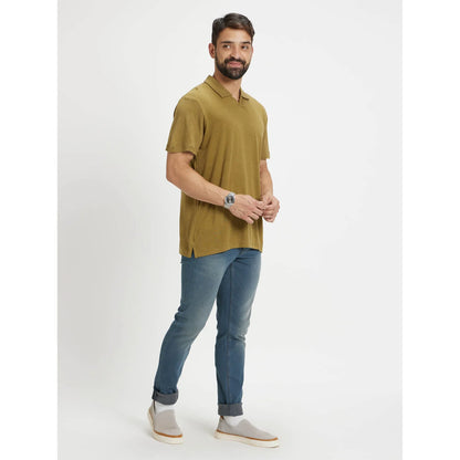 Khaki Solid Linen-Blend Polo