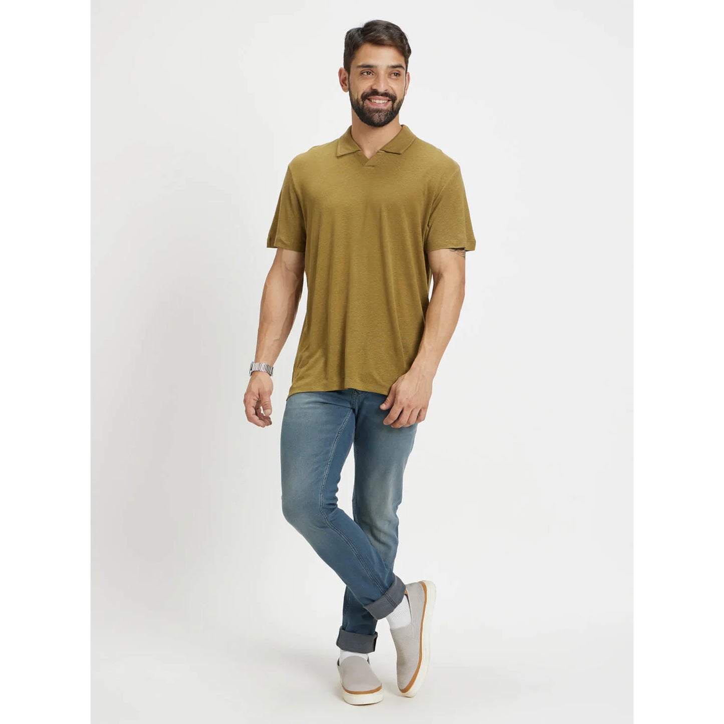 Khaki Solid Linen-Blend Polo