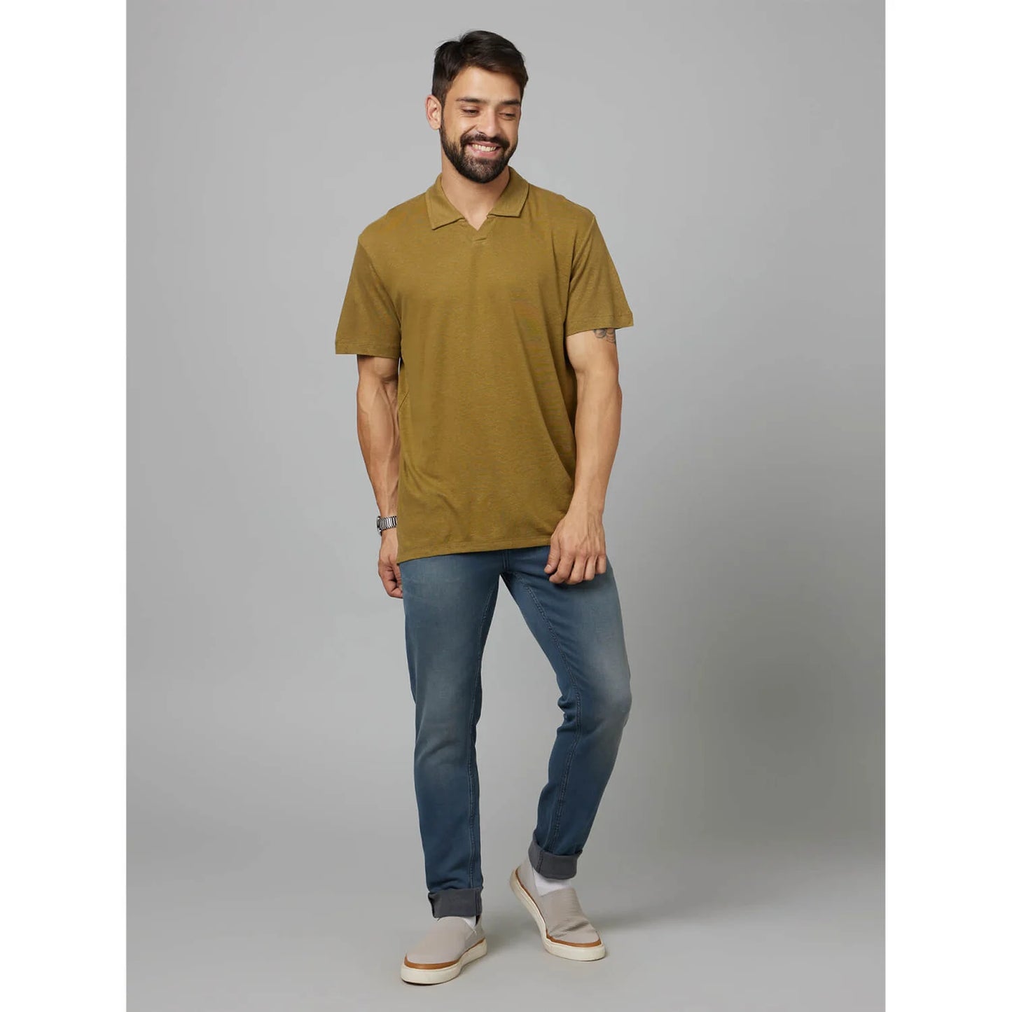 Khaki Solid Linen-Blend Polo