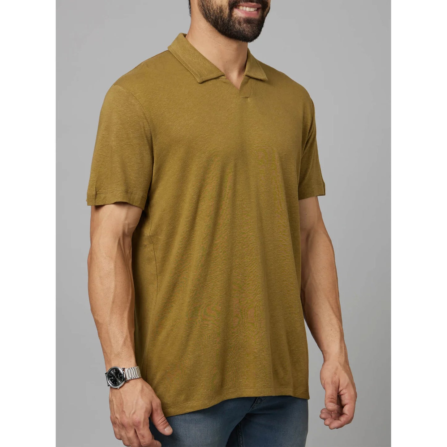 Khaki Solid Linen-Blend Polo