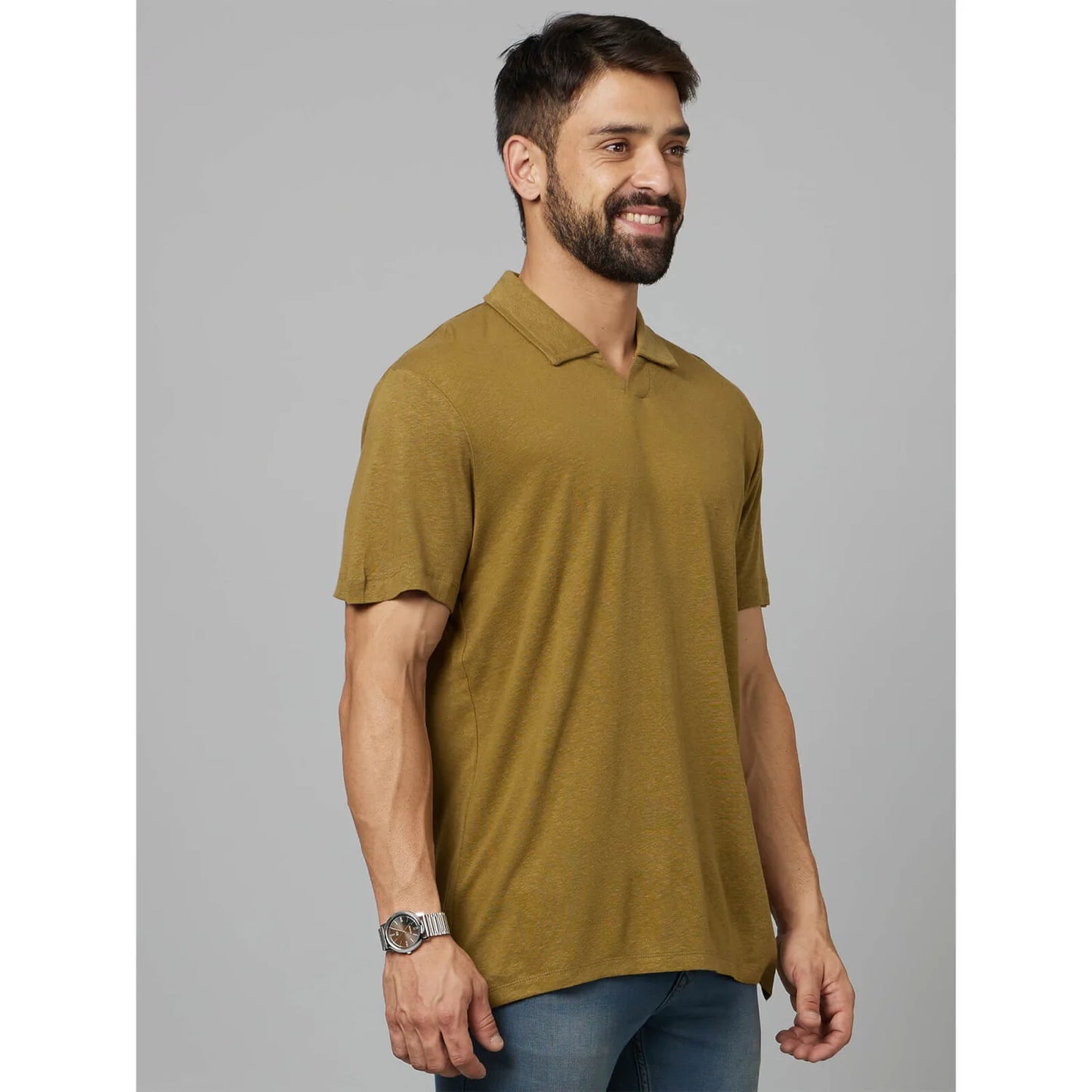 Khaki Solid Linen-Blend Polo