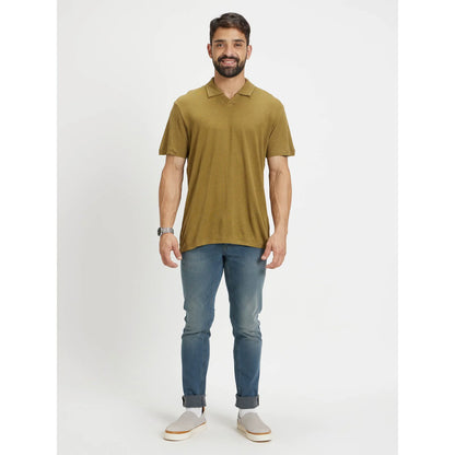 Khaki Solid Linen-Blend Polo