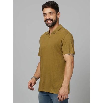 Khaki Solid Linen-Blend Polo